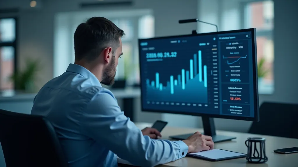 Analytik pracující s finančními daty a grafy na počítači v bankovním prostředí